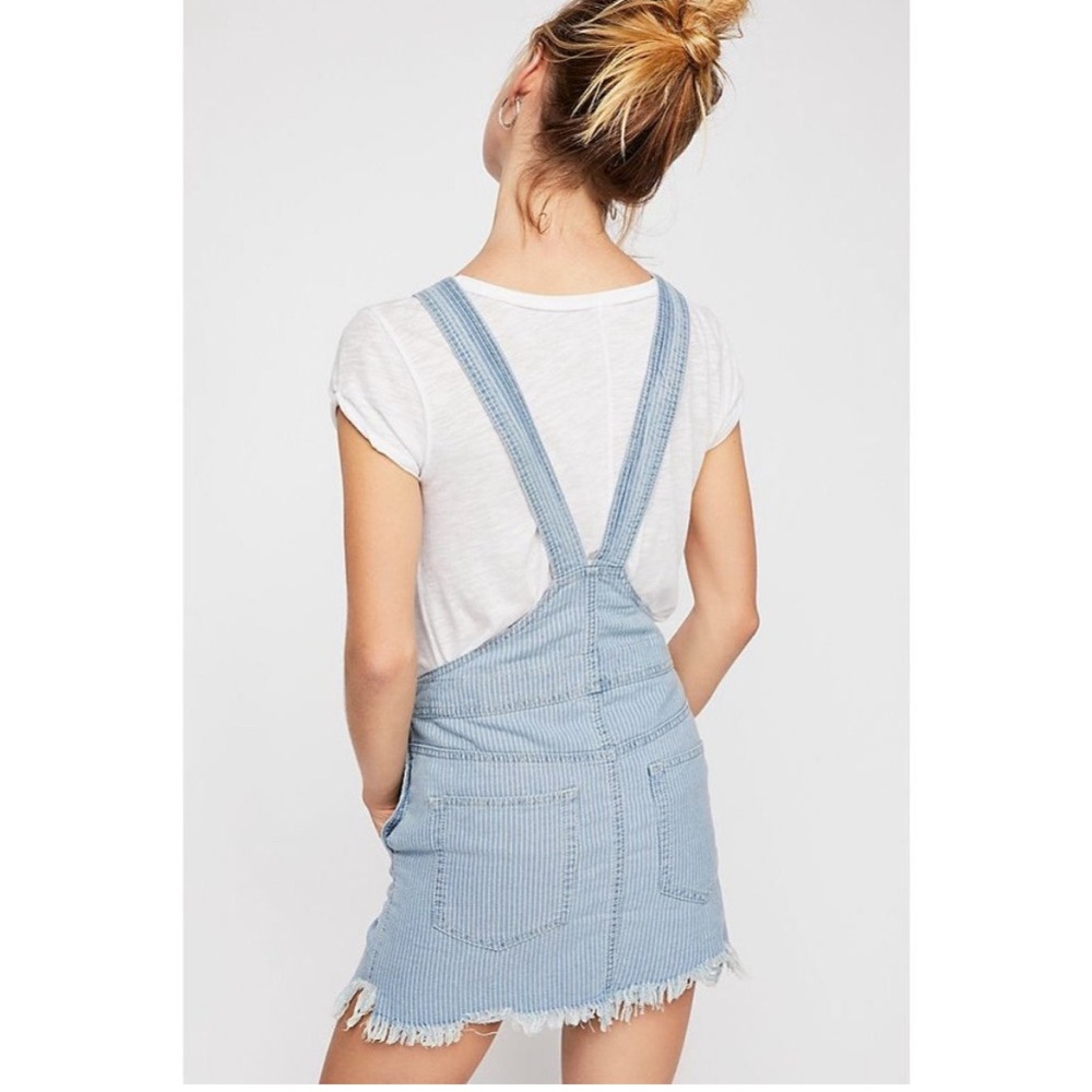 Free People Denim Stripe Fray Hem Mini Skirt Jumper Distressed Overalls- 24/ 0 - Picture 1 of 16